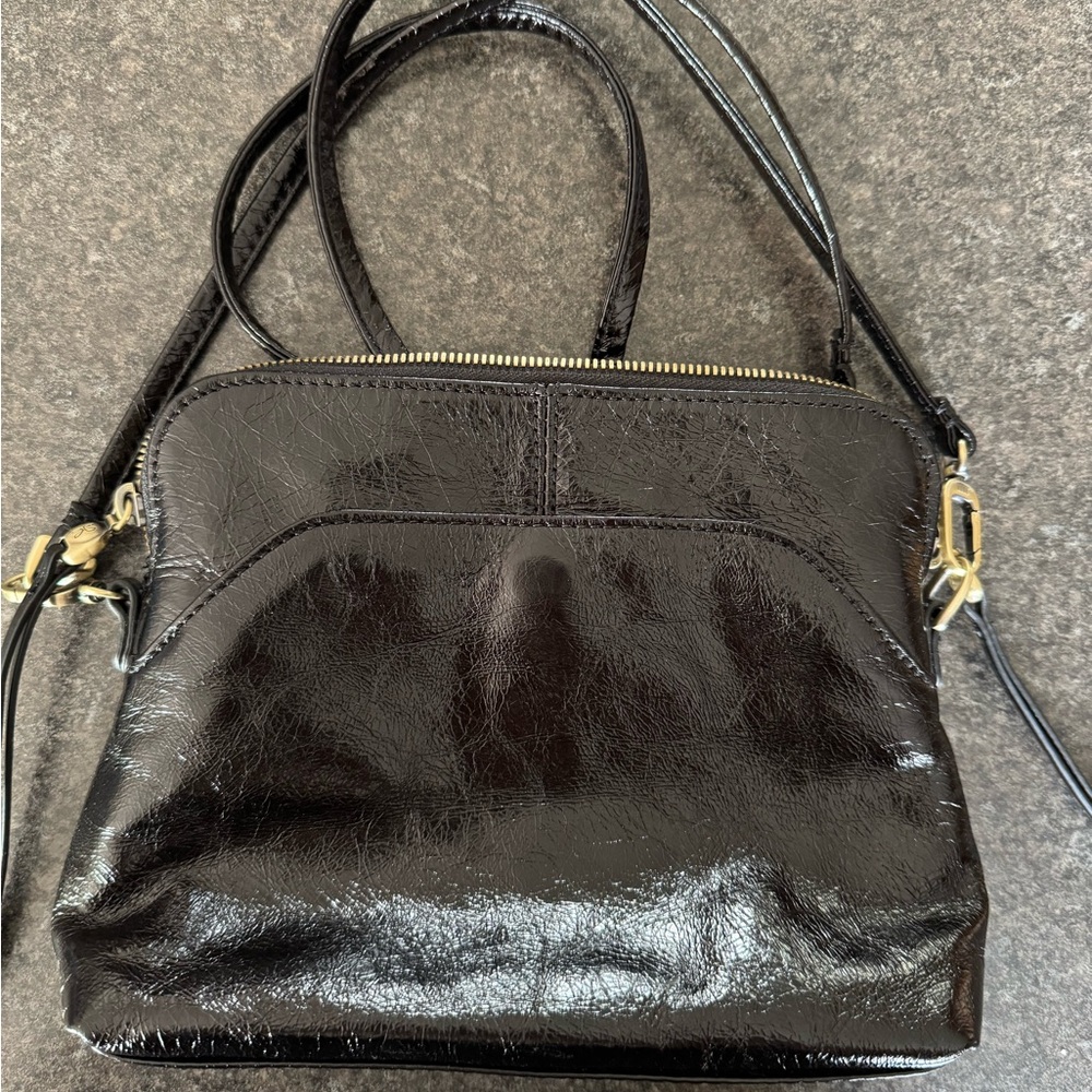 HOBO Black Glossy Shoulder Bag with Gold Accents